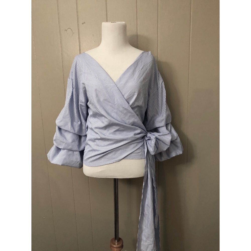 Blue pinstripe wrap top with puff sleeves